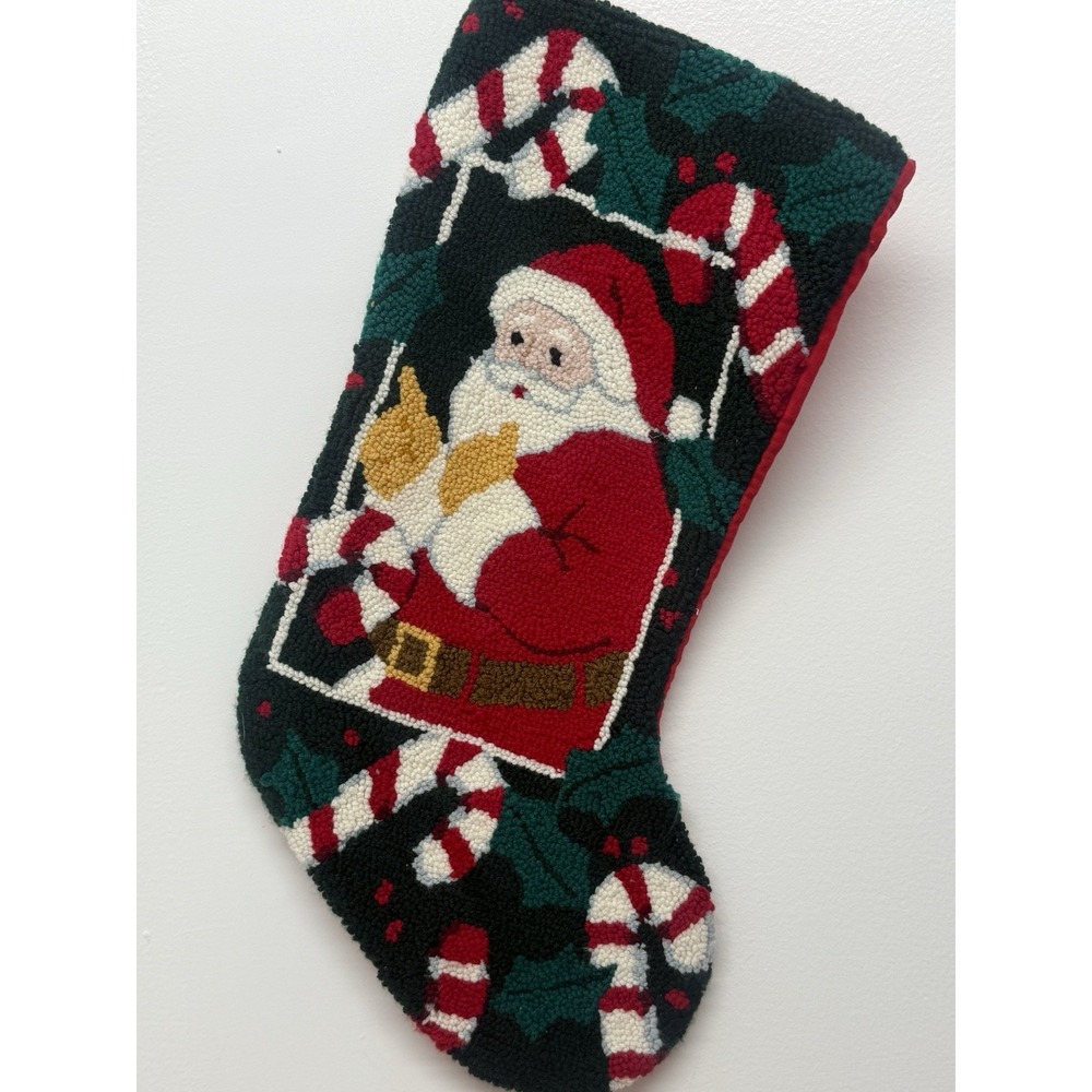 Christmas HOOKED SANTA CLAUS STOCKING Needlepoint Red Velvet Candy cane #32‎